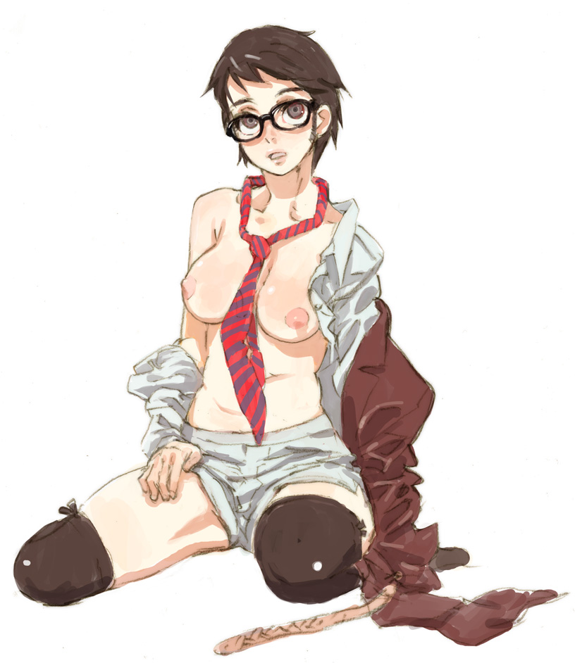 bakyotimu bare_shoulders breasts copyright_request glasses large_breasts necktie short_hair solo thighhighs