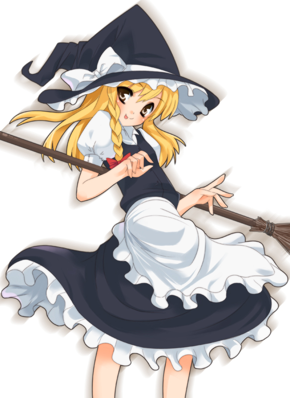 apron black_dress blonde_hair bow braid broom contrapposto cowboy_shot dress frills grey_background hair_bow hat holding kirisame_marisa looking_at_viewer looking_back puffy_short_sleeves puffy_sleeves red_bow short_sleeves shouji_ayumu simple_background single_braid solo standing touhou waist_apron witch_hat