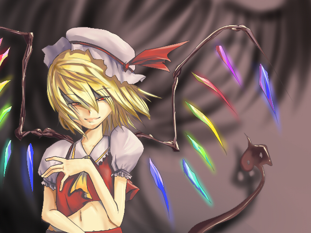 aryus bad_id bad_pixiv_id blonde_hair bow closed_mouth cravat crystal different_shadow flandre_scarlet floating_hair hair_between_eyes hat hat_bow hat_ribbon laevatein looking_at_viewer mob_cap navel puffy_short_sleeves puffy_sleeves red_eyes red_ribbon ribbon shadow short_hair short_sleeves smile solo stomach touhou upper_body white_hat wings