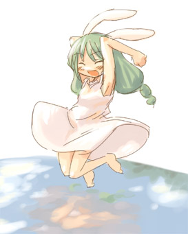7010 animal_ears armpits barefoot bunny_ears bunny_hop closed_eyes copyright_request dress green_hair happy jumping lowres smile solo