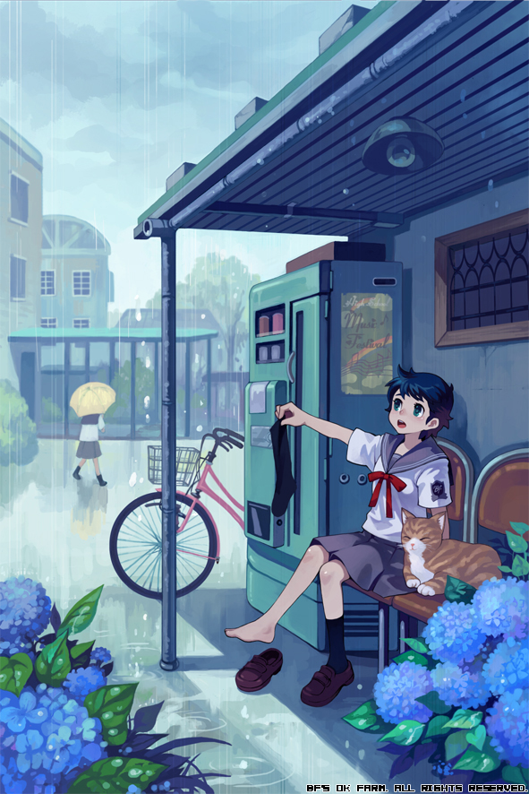 badge barefoot bf._(sogogiching) bicycle bicycle_basket blouse blue_eyes blue_hair building cat chair cloud cloudy_sky day flower from_side grey_skirt ground_vehicle holding_socks hydrangea light looking_afar looking_up multiple_girls open_mouth original outdoors plant pleated_skirt rain ripples school_uniform serafuku shade shoes shoes_removed short_hair short_sleeves single_shoe single_sock sitting skirt sky socks socks_removed umbrella vending_machine watermark white_blouse
