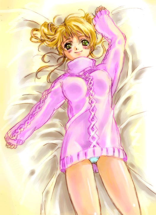 aeru aran_sweater bed blonde_hair blue_panties blush blush_stickers green_eyes long_hair lying nishida_asako no_pants panties simoun solo sweater underwear