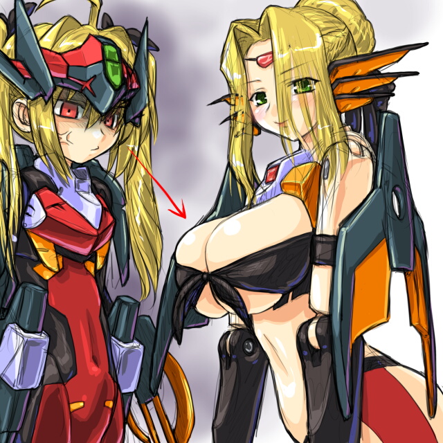 anger_vein bad_id bad_pixiv_id blonde_hair blush breast_envy breasts busou_shinki dd_(ijigendd) directional_arrow doll_joints eukrante huge_breasts ianeira ianeira_(limited_edition) looking_at_breasts mecha_musume multiple_girls shaded_face underboob