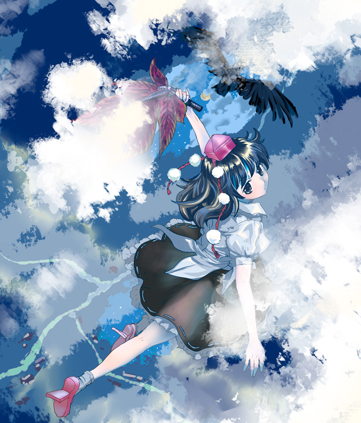 bird blush bobby_socks crow expressionless fan floating_hair flying from_behind geta hat looking_at_viewer looking_back nanami_sano outstretched_arms shameimaru_aya shirt skirt sky socks solo spread_arms tengu-geta tokin_hat touhou