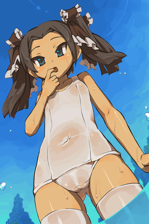 ass_visible_through_thighs bad_id bad_pixiv_id blue_eyes blush brown_hair cameltoe cloud covered_navel day finger_in_mouth flat_chest from_below itsukia medium_hair one-piece_swimsuit original outdoors school_swimsuit see-through sky solo swimsuit thighhighs twintails wading water water_drop wet white_legwear white_school_swimsuit white_swimsuit
