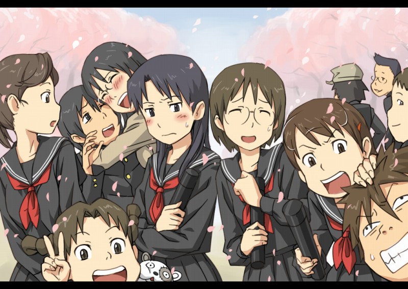 6+girls aiko_(dennou_coil) amasawa_yuuko blush cherry_blossoms dennou_coil denpa_(dennou_coil) densuke everyone gachagiri glasses graduation harakawa_ken'ichi harakawa_tamako hashimoto_fumie hug mosha multiple_boys multiple_girls namecchi okonogi_kyouko okonogi_yuuko sawaguchi_daichi school_uniform serafuku