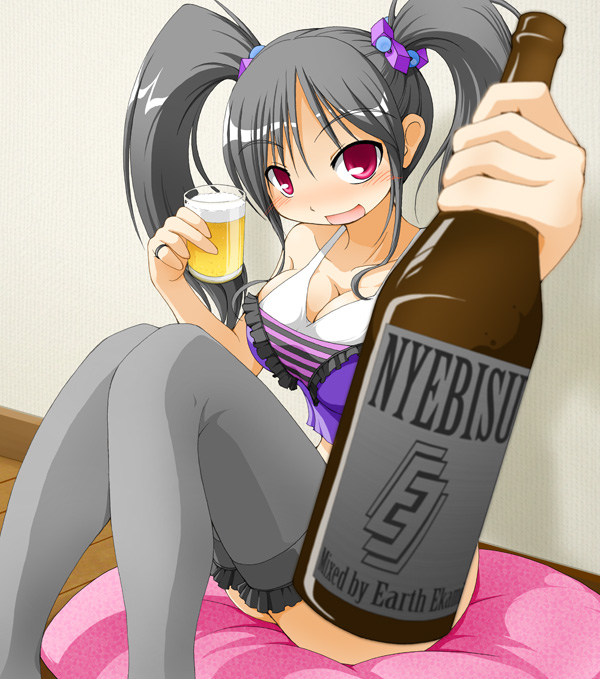 alcohol beer black_hair black_legwear blush breasts cleavage drink earth_ekami frilled_legwear large_breasts long_hair original perspective red_eyes solo thighhighs twintails