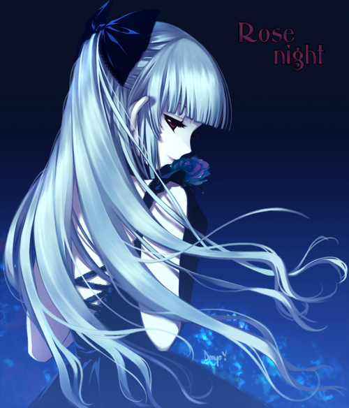 bangs blunt_bangs bow copyright_request dress flower from_behind gloves hair_bow long_hair looking_back night profile red_eyes rose shiny shiny_hair shirahane_nao silver_hair solo white_hair wind