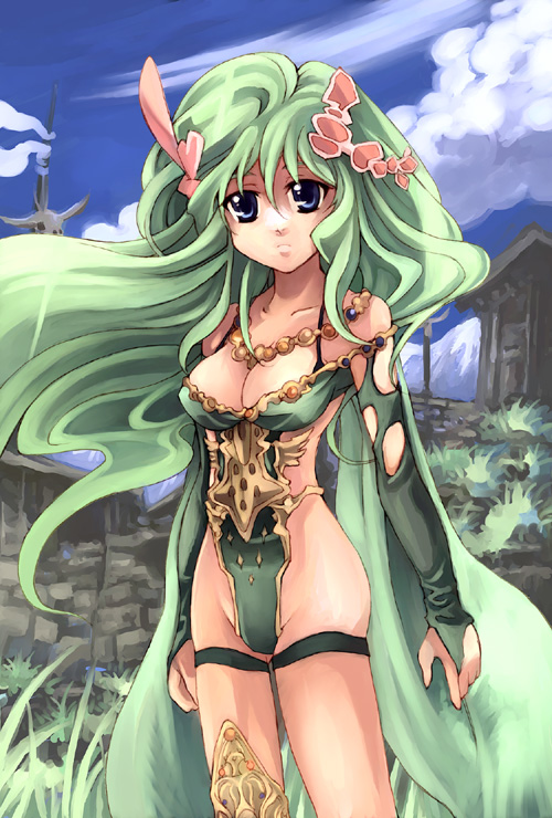 breasts bridal_gauntlets cleavage final_fantasy final_fantasy_iv final_fantasy_iv_the_after green_hair green_leotard kouno_hikaru large_breasts leotard long_hair rydia solo