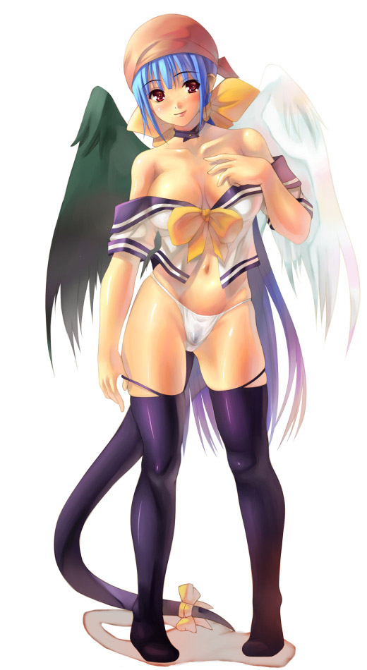 akamaru asymmetrical_wings bandana bare_shoulders blue_hair blue_sailor_collar blush bow breasts choker cleavage dizzy guilty_gear hair_ribbon large_breasts long_hair midriff navel no_bra panties pirate red_eyes ribbon sailor_collar simple_background smile solo tail tail_ribbon thighhighs thong underwear very_long_hair white_background white_panties wings