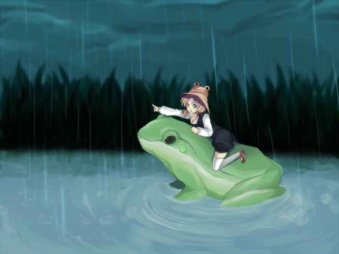 bad_id bad_pixiv_id banned_artist frog harano hat moriya_suwako rain riding solo touhou water