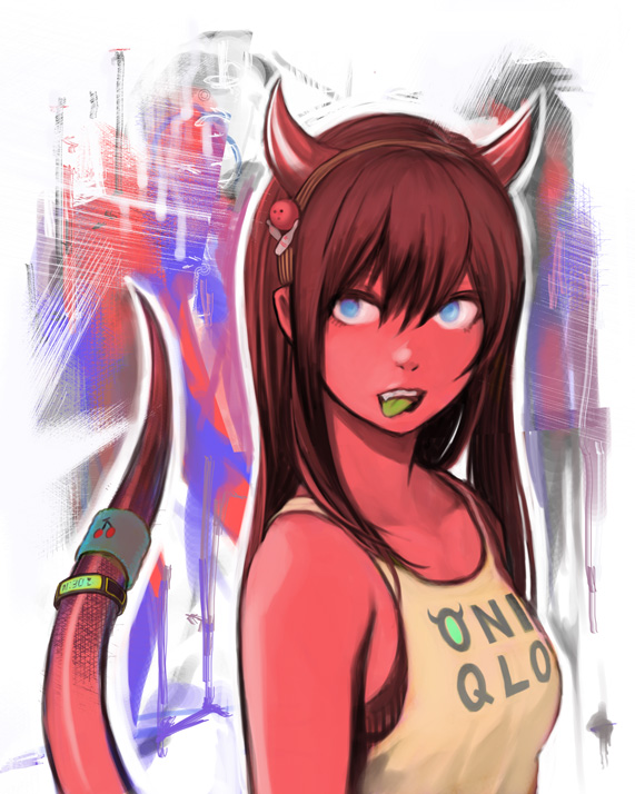 blue_eyes demon_girl horns kodama_yuuki oni original red_hair red_oni red_skin solo tail tongue