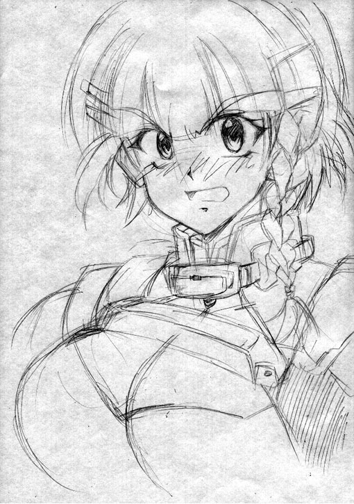 :o angry bangs blush braid breasts cleavage cleavage_cutout embarrassed greyscale hair_ornament hairclip large_breasts looking_at_viewer monochrome open_mouth seolla_schweizer short_hair side_braid single_braid sketch solo super_robot_wars traditional_media turtleneck upper_body