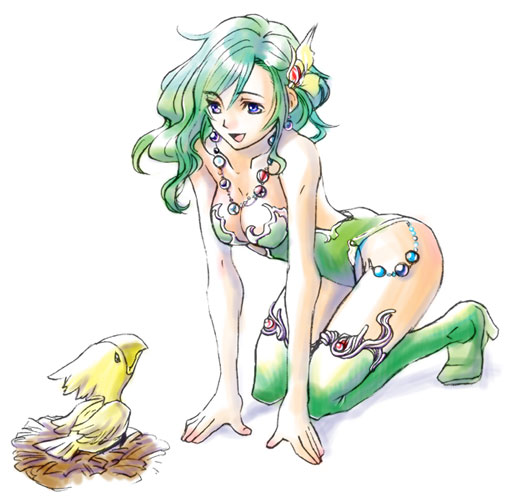 artist_request ass bare_shoulders boots breasts chicobo cleavage earrings final_fantasy final_fantasy_iv green_footwear green_hair green_leotard jewelry kneeling leotard medium_breasts necklace open_mouth purple_eyes rydia smile solo thigh_boots thighhighs