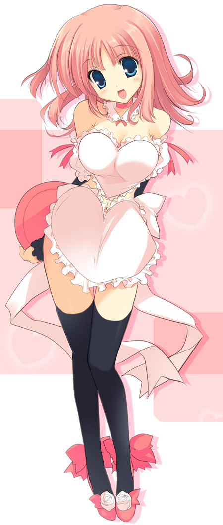 :3 :d apron arms_behind_back black_legwear blue_eyes blush breasts choker cleavage detached_sleeves elbow_gloves frills gloves head_tilt kouno_harumi large_breasts long_hair looking_at_viewer milfa naked_apron navel open_mouth pink_hair scan short_hair smile solo tareme thighhighs to_heart_2 to_heart_2_ad tray yoshiwo