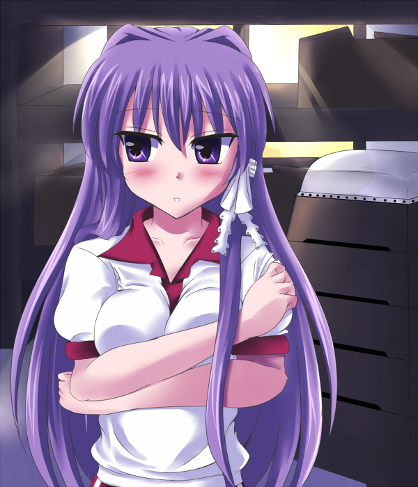 breast_press breasts clannad collared_shirt covering covering_breasts crossed_arms embarrassed eyebrows_visible_through_hair fujibayashi_kyou gym_storeroom gym_uniform indoors jun_(aoerm) long_hair looking_away looking_to_the_side medium_breasts parted_lips purple_eyes purple_hair shirt short_sleeves solo upper_body very_long_hair white_shirt