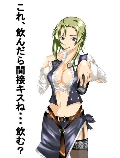 blue_eyes breasts cleavage green_hair large_breasts midriff original riochan solo thighhighs