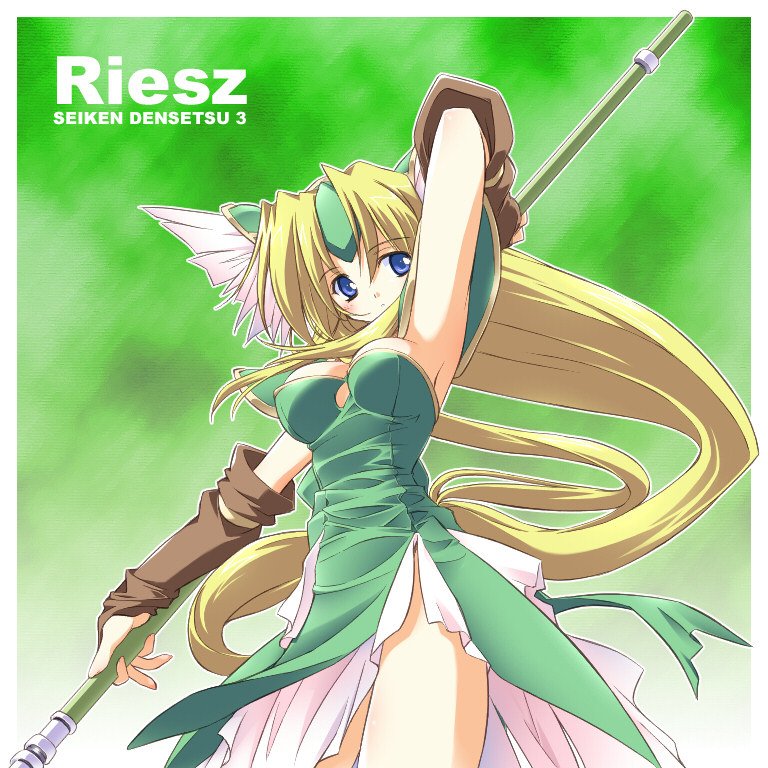 asoka blonde_hair blue_eyes breasts character_name cleavage copyright_name elbow_gloves gloves large_breasts long_hair low-tied_long_hair polearm riesz seiken_densetsu seiken_densetsu_3 spear thighs weapon