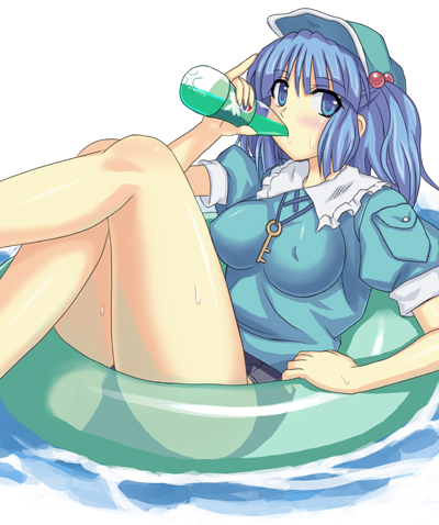 artist_request drinking hair_bobbles hair_ornament innertube kawashiro_nitori key lowres no_pants older one-piece_swimsuit pepsi pepsi_ice_cucumber school_swimsuit soda solo swimsuit swimsuit_under_clothes touhou two_side_up water