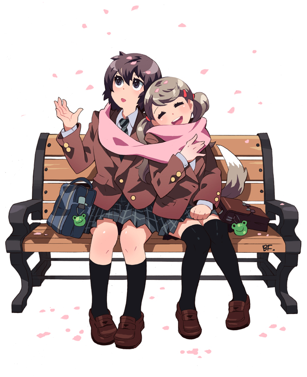 bag bench bf._(sogogiching) black_eyes black_legwear brown_hair cherry_blossoms closed_eyes frog hair_ornament hairclip happy kneehighs loafers multiple_girls original petals pink_scarf plaid plaid_skirt scarf school_bag school_uniform shared_scarf shoes sitting skirt smile tail thighhighs twintails zettai_ryouiki