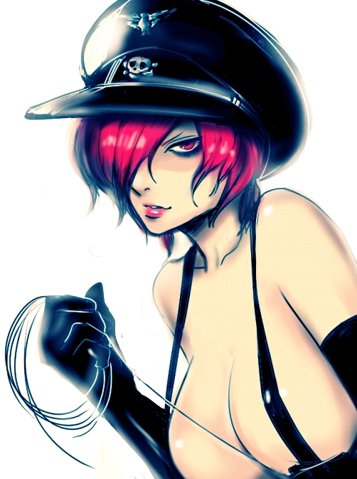 bad_id bad_pixiv_id bakuretsu_hunters bdsm breasts chocolate_misu dominatrix garrote hair_over_one_eye hat huge_breasts igarashi_ran_(igatz) leather lipstick makeup naked_suspenders peaked_cap piano_wire red_eyes revealing_clothes skull solo suspenders topless white_background wire