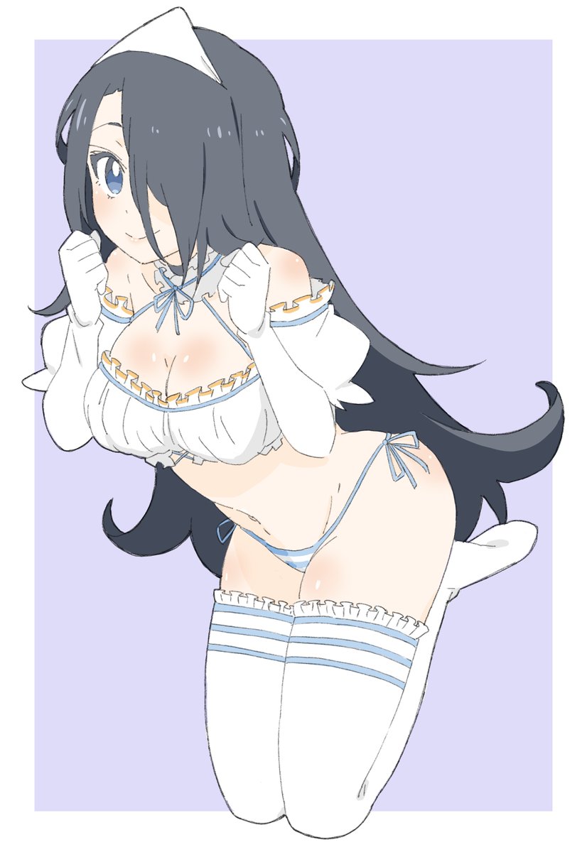 bad_id bad_twitter_id bare_shoulders bikini black_hair blue_bikini blue_eyes blue_neckwear blue_ribbon breasts cleavage closed_mouth criss-cross_halter detached_collar donguri_suzume gloves hair_over_one_eye halterneck hands_up highres long_hair looking_at_viewer neck_ribbon one_eye_covered original puffy_short_sleeves puffy_sleeves purple_background ribbon short_sleeves simple_background smile striped striped_bikini swimsuit thighhighs triangular_headpiece white_gloves white_legwear