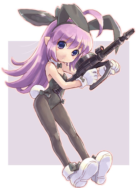 animal_ears bunny_ears bunnysuit full_body gun gundam hoihoi-san ichigeki_sacchuu!!_hoihoi-san katahira_masashi pantyhose purple_eyes purple_hair solo weapon zaku_gun