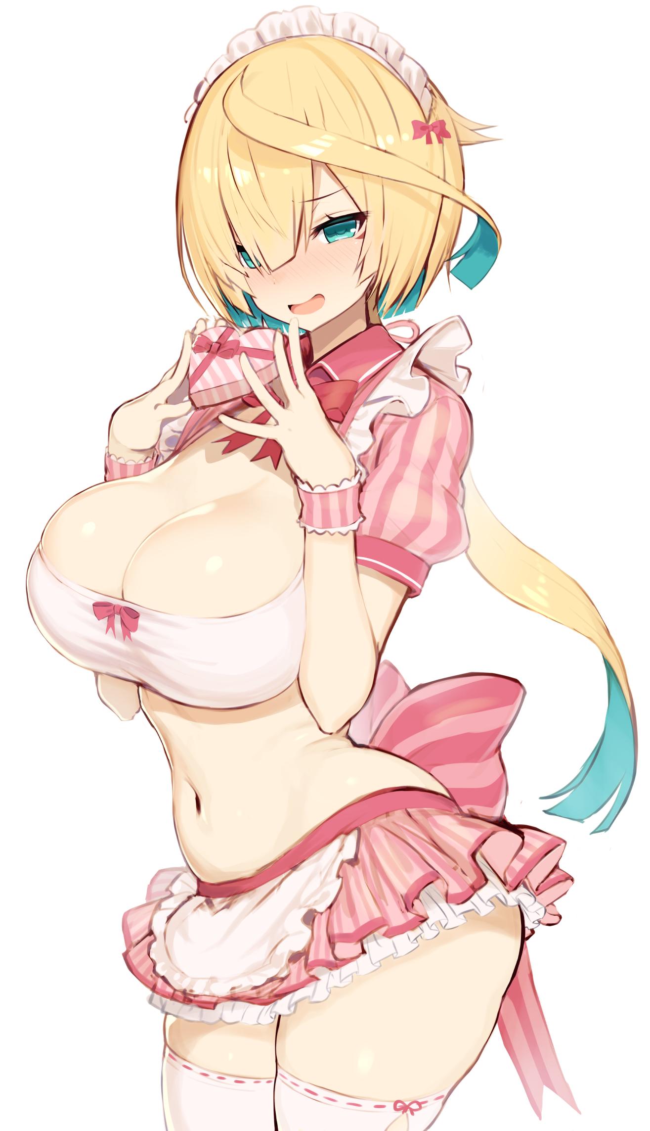 1girl :d apron aqua_eyes aqua_hair blonde_hair blush bow box breasts cleavage collared_shirt commentary_request cowboy_shot crop_top frilled_apron frilled_skirt frills gift gift_box greatmosu hands_up heart-shaped_box highres holding holding_box inaba_gou large_breasts long_hair looking_at_viewer low_ponytail maid maid_apron maid_headdress midriff miniskirt multicolored_hair navel open_mouth pink_bow shirt short_sleeves simple_background skirt smile solo standing stomach striped striped_bow striped_shirt taut_clothes tenka_hyakken thighhighs two-tone_hair valentine very_long_hair white_apron white_background white_legwear wrist_cuffs zettai_ryouiki
