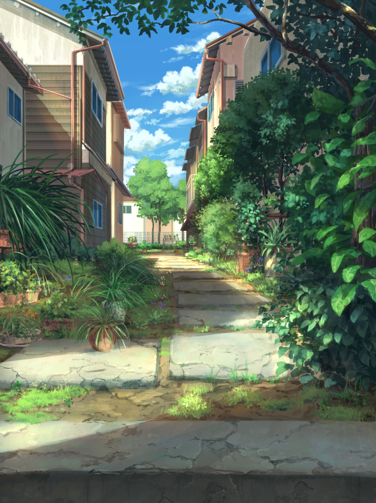 blue_sky building cloud cloudy_sky day drainpipe garden grass house leaf no_humans original outdoors pavement pippi_(pixiv_1922055) plant potted_plant scenery sky sunlight tree window