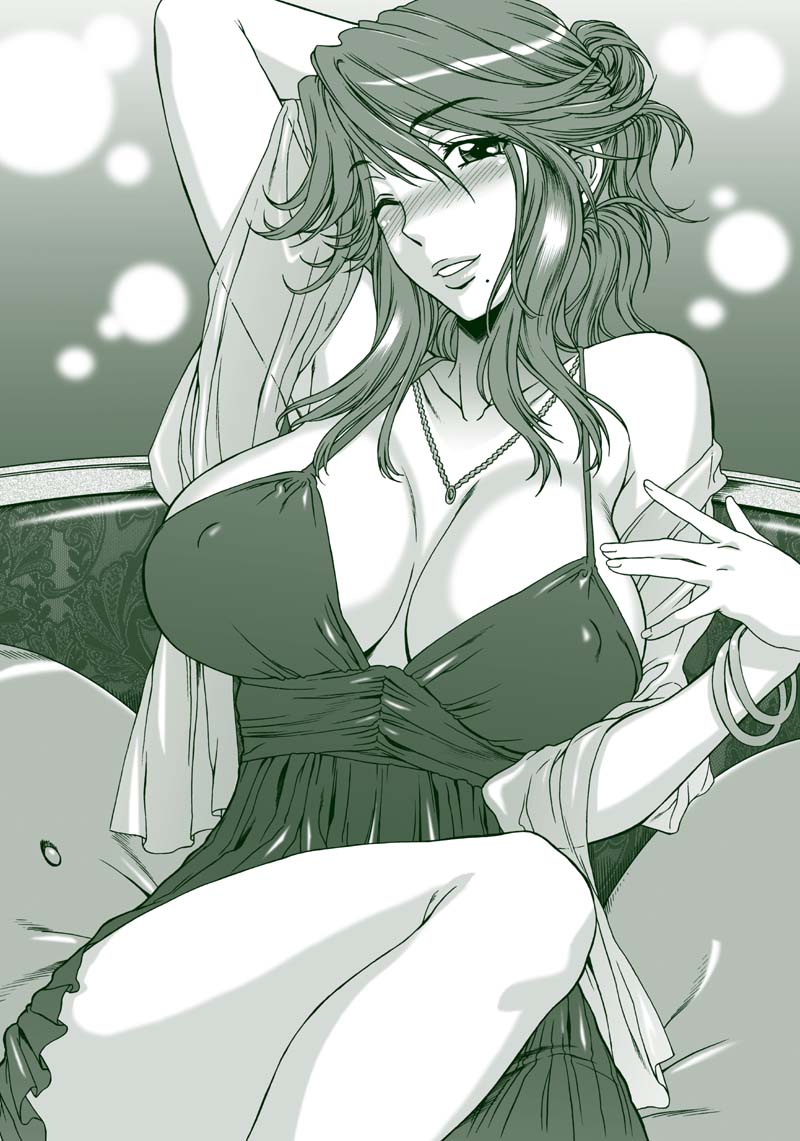 arm_up blush breasts breasts_apart copyright_request green hanzaki_jirou jewelry large_breasts lips long_hair mole mole_under_mouth monochrome necklace one_eye_closed solo