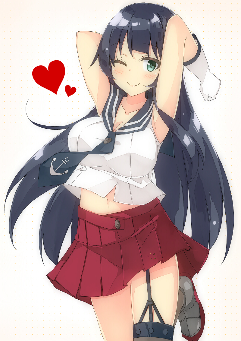 1girl ;) agano_(kantai_collection) anchor_symbol arms_up bangs bare_shoulders beritabo black_hair black_neckwear black_sailor_collar blush breasts brown_background brown_legwear commentary_request elbow_gloves eyebrows_visible_through_hair garter_straps gloves green_eyes grey_footwear head_tilt heart kantai_collection large_breasts long_hair navel necktie one_eye_closed pleated_skirt print_neckwear red_skirt sailor_collar shirt shoes simple_background skirt sleeveless sleeveless_shirt smile solo standing standing_on_one_leg thighhighs very_long_hair white_gloves white_shirt