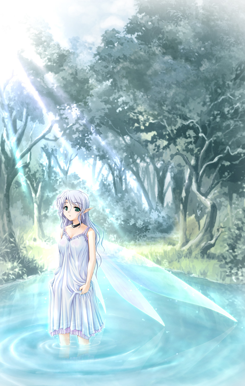 bekkankou choker copyright_request elf fairy forest green_eyes highres insect_wings light_rays long_hair nature pointy_ears purple_hair reflection ripples solo sunbeam sunlight wading water wings