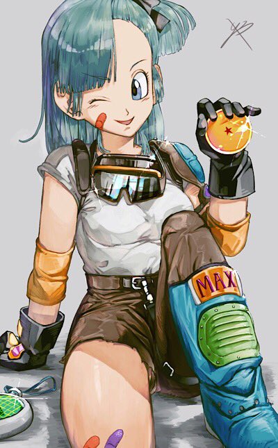 1girl ;d arm_rest artist_request bandage belt black_gloves black_ribbon blue_eyes blue_hair bulma denim dragon_ball dragon_ball_(classic) dragon_ball_(object) eyebrows_visible_through_hair gloves goggles goggles_around_neck grey_background grin hair_ribbon hand_up head_tilt holding jeans leg_up long_hair looking_away one_eye_closed open_mouth pants ponytail radar reeya ribbon shirt shounen_jump side_ponytail signature simple_background sitting sleeves_rolled_up smile solo sparkle thighs torn_clothes torn_jeans torn_pants upper_body white_shirt