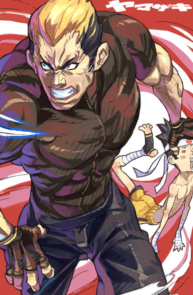 =_= abs angry ankle_wrap bandaged_hands bandaged_leg bandages black_gloves black_hair black_pants black_shirt blonde_hair clenched_teeth fatal_fury fingerless_gloves gloves hachimaki hand_on_another's_head head_grab headband hirowonori joe_higashi male_focus multicolored_hair multiple_boys muscle no_shoes open_mouth pants red_background red_eyes ribs scar shirt shirtless shorts snk teeth the_king_of_fighters tight_shirt two-tone_hair wrist_wrap yamazaki_ryuuji yellow_shorts