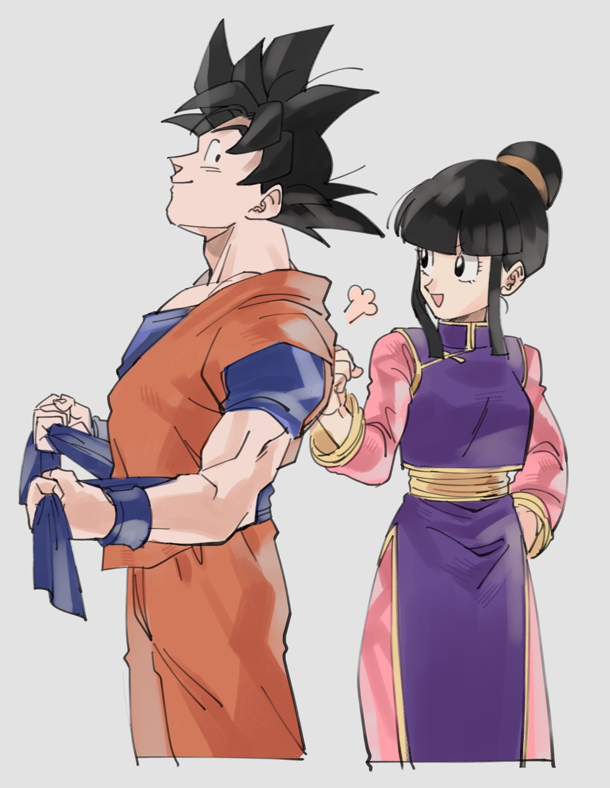 1boy 1girl :d =3 adjusting_clothes arm_at_side bangs black_eyes black_hair chi-chi_(dragon_ball) chinese_clothes clenched_hand couple dougi dragon_ball dragonball_z eyelashes grey_background hand_on_another's_back hand_on_hip happy height_difference hetero highres hpoono_(0159) long_sleeves looking_at_another open_mouth profile simple_background smile son_gokuu spiked_hair standing tied_hair upper_body wristband