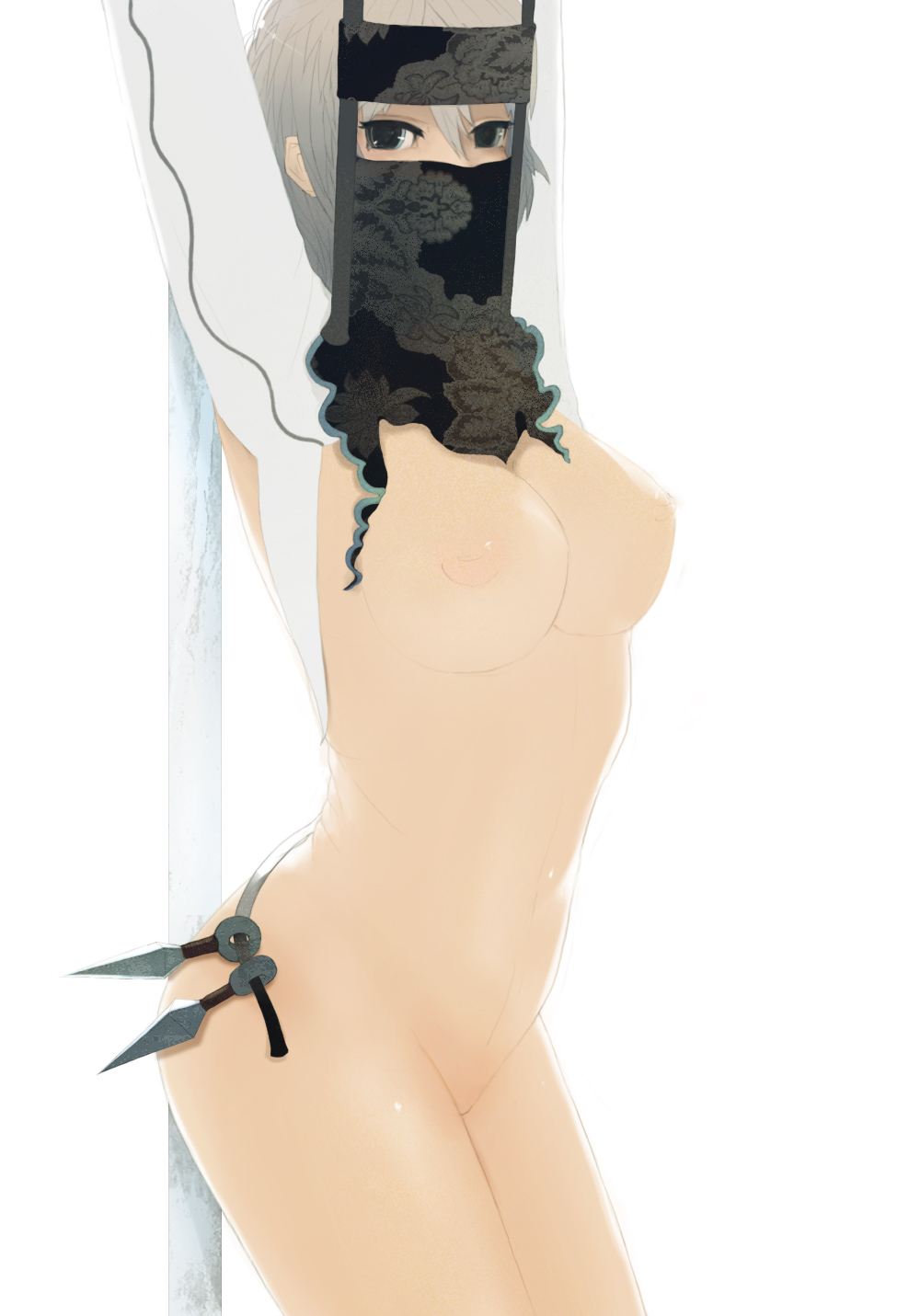 bottomless breasts copyright_request dskb grey_eyes highres inverted_nipples kunai mask medium_breasts ninja nipples nude pussy silver_hair solo veil weapon