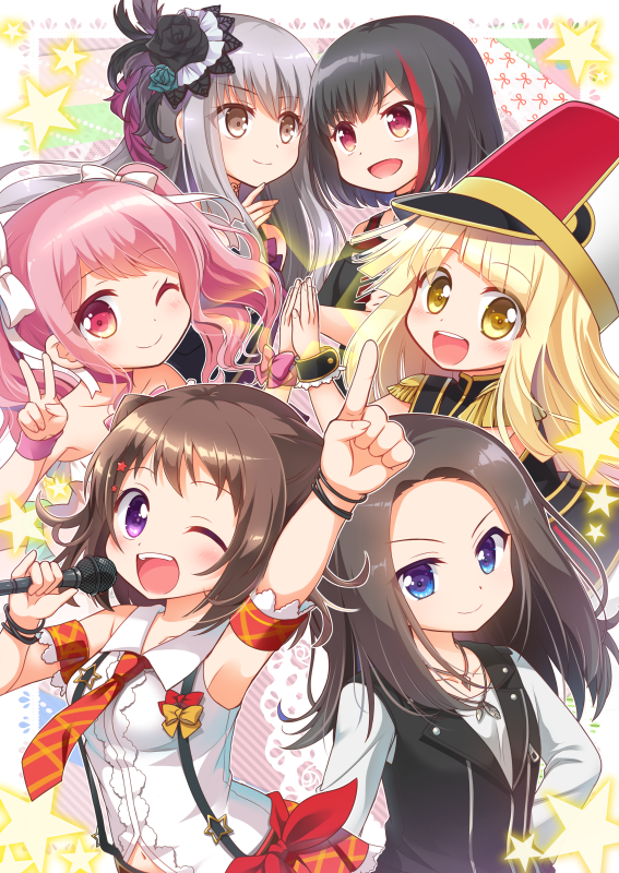 &gt;:) 6+girls :d ;) ;d aqua_rose armpits band_uniform bang_dream! bangs black_feathers black_flower black_hair black_rose black_vest blonde_hair blue_eyes bob_cut bow bracelet brown_eyes brown_hair choker collarbone collared_shirt commentary_request detached_sleeves epaulettes feathers flower grey_hair hair_feathers hair_flower hair_ornament hair_ribbon hands_together hat holding holding_microphone index_finger_raised jewelry layer_(bang_dream!) long_hair long_sleeves looking_at_viewer maruyama_aya microphone minato_yukina mitake_ran multicolored_hair multiple_girls navel navel_cutout necklace necktie no_bangs one_eye_closed open_mouth ousawa_kanata pink_bow pink_choker pink_hair purple_feathers red_hair red_neckwear red_ribbon red_skirt ribbon rose shako_cap shirt short_hair short_sleeves sidelocks skirt smile star star_hair_ornament streaked_hair suspenders toyama_kasumi tsurumaki_kokoro twintails v vest white_ribbon white_shirt wrist_bow wrist_cuffs wristband yellow_eyes