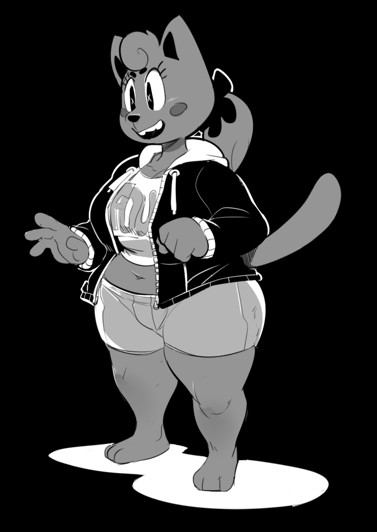 2015 3_toes 4_fingers anthro biped black_and_white black_background blush cat clothed clothing digital_media_(artwork) eyelashes feline female hair hoodie mammal mangneto monochrome navel open_mouth open_smile ponytail shirt shorts simple_background slightly_chubby smile solo standing teeth thick_thighs toes
