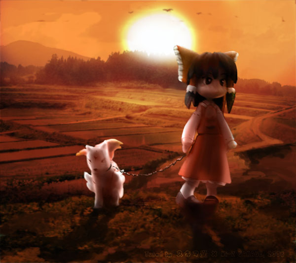 amaterasu backlighting bow brown_eyes brown_hair dress evening field forest full_body grass hair_bow hakurei_reimu leash long_sleeves monster nature ookami_(game) plant red_bow red_dress solo standing sun sunset touhou wi-z_garage