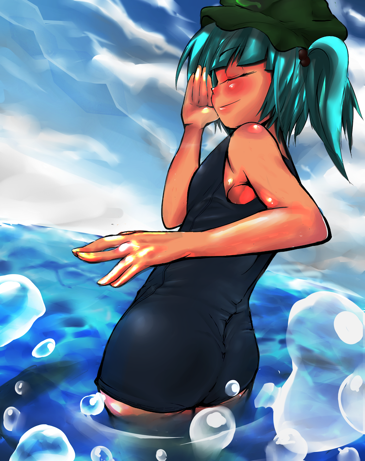 blue_hair bubble closed_eyes hair_bobbles hair_ornament hat kawashiro_nitori one-piece_swimsuit school_swimsuit short_hair solo swimsuit tan touhou two_side_up water