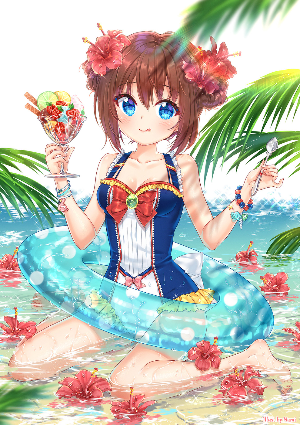 1girl bangs bare_legs bare_shoulders barefoot blue_eyes blue_innertube blurry blurry_foreground bow breasts brown_hair closed_mouth collarbone commentary depth_of_field double_bun english_commentary eyebrows_visible_through_hair flower flower_on_liquid food hair_between_eyes hair_flower hair_ornament hibiscus highres holding holding_spoon ice_cream innertube licking_lips looking_at_viewer medium_breasts natsumii_chan one-piece_swimsuit original palm_tree pink_bow red_flower sand side_bun sitting smile solo spoon sunlight swimsuit tongue tongue_out transparent tree wariza water wet white_background white_swimsuit