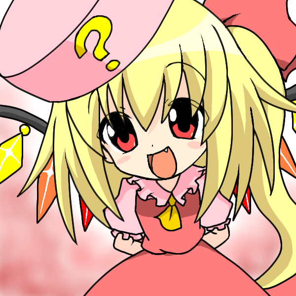 :d ? artist_request benesse cosplay curious flandre_scarlet hat hatena_yousei hatena_yousei_(cosplay) looking_at_viewer oekaki open_mouth pink_hat smile solo touhou wings