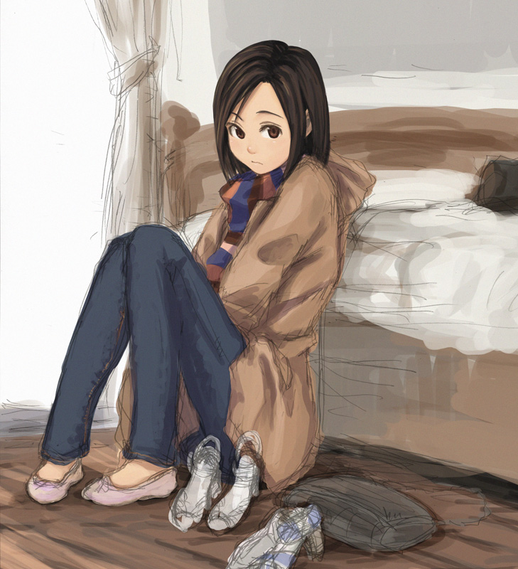 black_hair original scarf sitting sketch solo tamaru_tokihiko