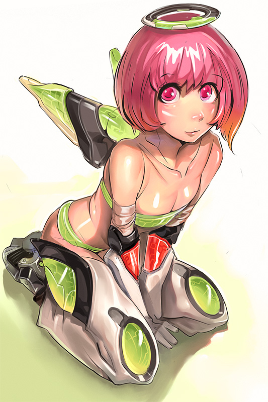 bikini boots gloves halo kichin_yarou kneeling lips mecha mechanical_halo mechanical_wings original pink_eyes pink_hair science_fiction short_hair solo swimsuit wings