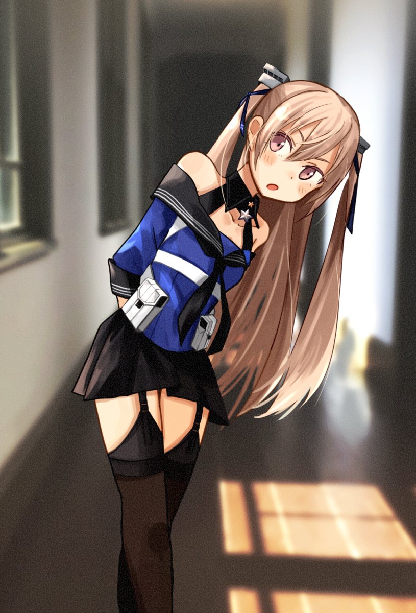 1girl annin_musou arms_behind_back black_legwear black_skirt blue_shirt breasts cleavage feet_out_of_frame garter_straps hallway highres johnston_(kantai_collection) kantai_collection leaning_to_the_side light_brown_hair long_hair looking_at_viewer medium_breasts off_shoulder open_mouth pleated_skirt sailor_collar school_uniform serafuku shirt skirt solo standing thighhighs twintails
