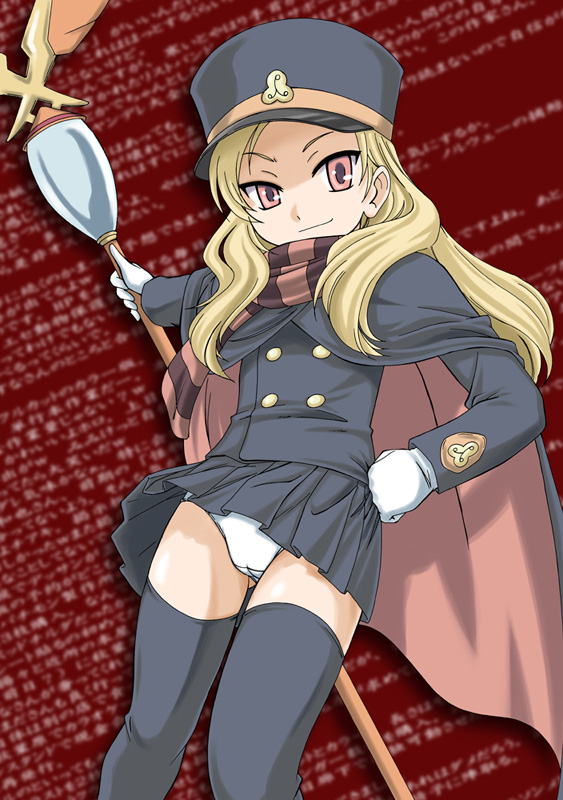 blonde_hair cape chiaki gloves hat long_hair matoma miniskirt panties scarf shako_cap shigofumi skirt solo staff striped striped_scarf thighhighs underwear uniform wan'yan_aguda