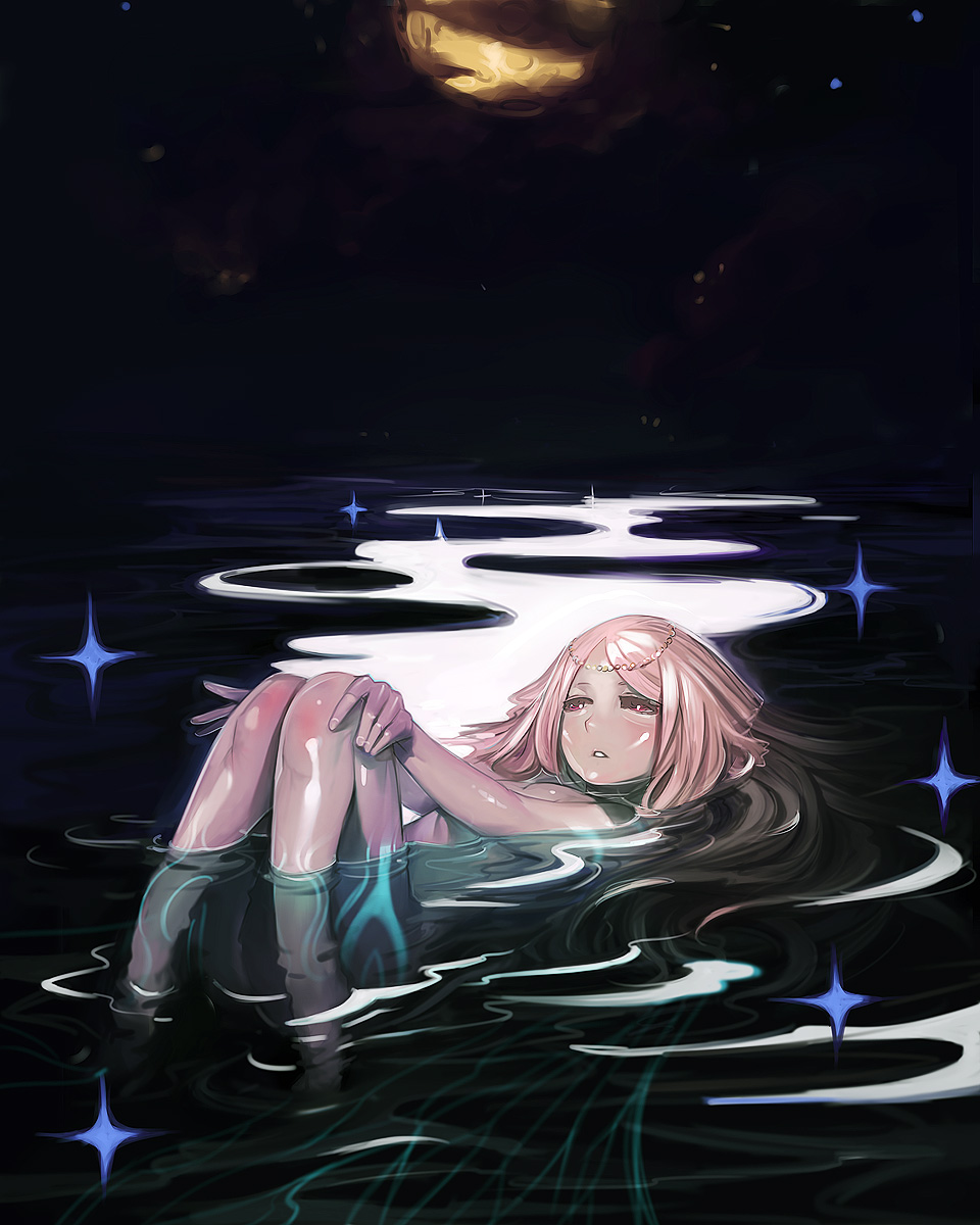 copyright_request expressionless highres kichin_yarou long_hair looking_away moon nude parted_lips pink_eyes pink_hair solo submerged very_long_hair water