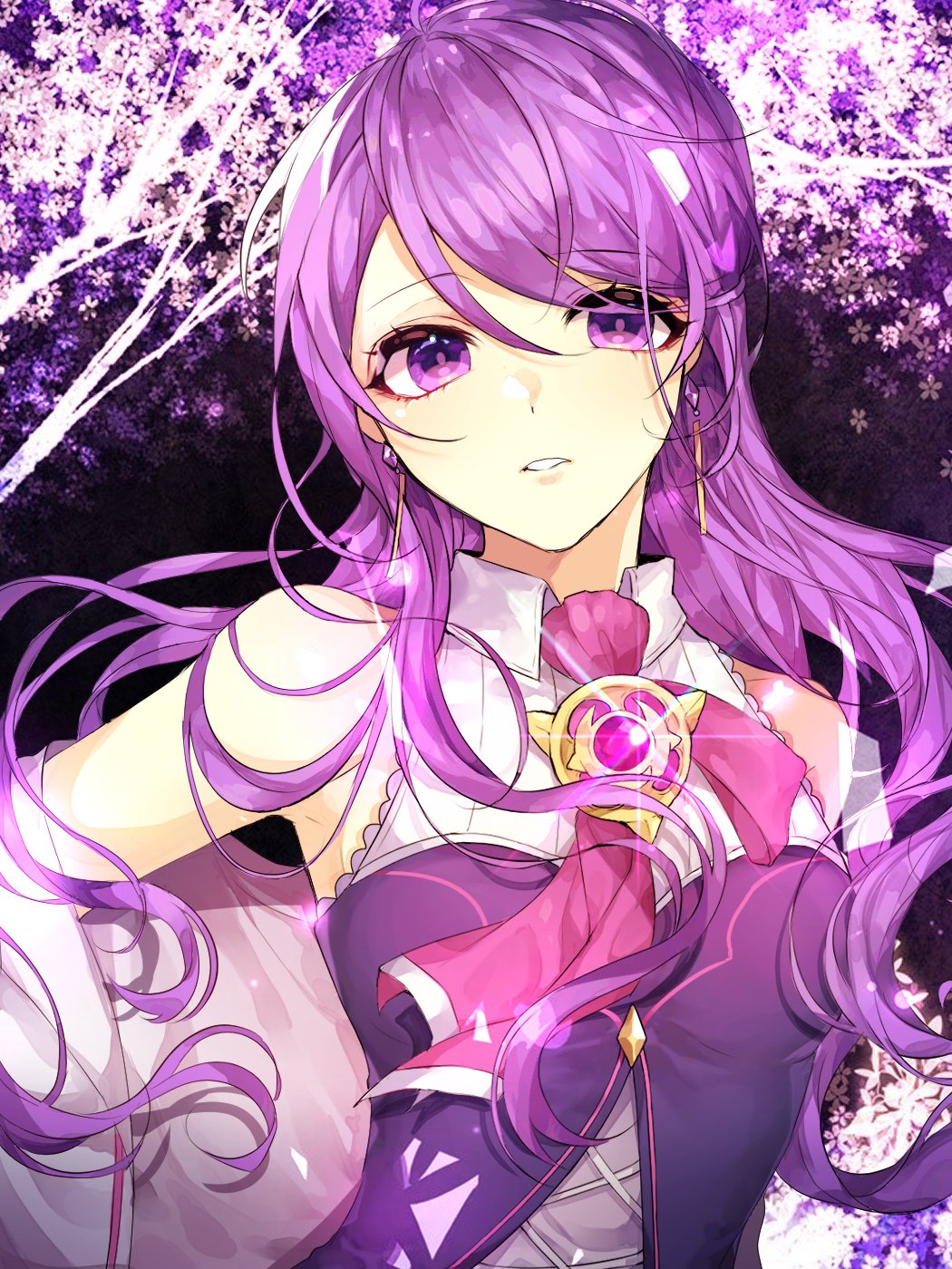 1girl aether_sage_(elsword) aisha_(elsword) armpits artist_request bare_shoulders cloak earrings elsword eyebrows_visible_through_hair floral_background gem highres jewelry long_hair open_mouth purple_eyes purple_hair very_long_hair