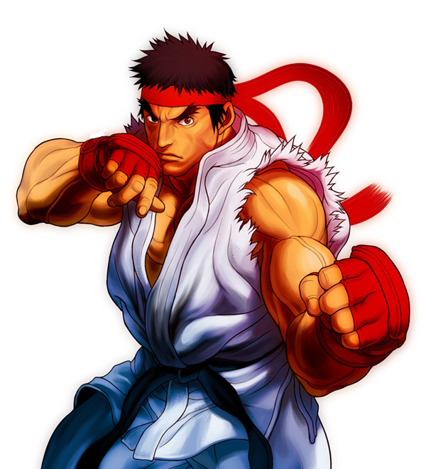 brown_hair clenched_hands fighting_stance headband looking_at_viewer male_focus muscle ryuu_(street_fighter) serious simple_background solo street_fighter yamamiya_hiroshi