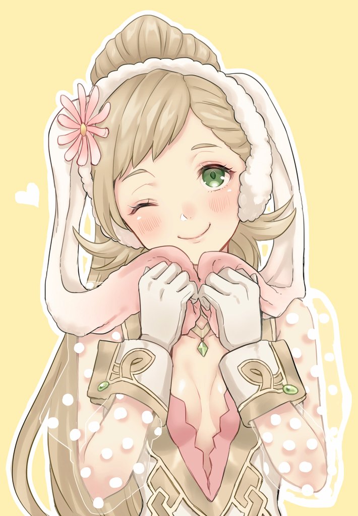 1girl akina_(akn_646) animal_ears blonde_hair breasts bunny_ears cleavage cleavage_cutout closed_mouth fake_animal_ears fire_emblem fire_emblem_heroes gloves green_eyes long_hair nintendo one_eye_closed polka_dot ponytail see-through sharena simple_background smile solo upper_body white_gloves yellow_background